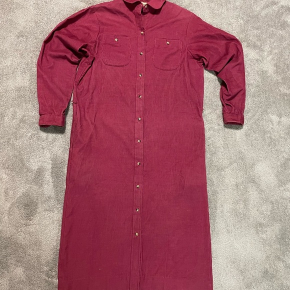 VTG LL Bean Corduroy Shirt Dress Size 12 Dark Red Pockets Midi - Picture 1 of 10